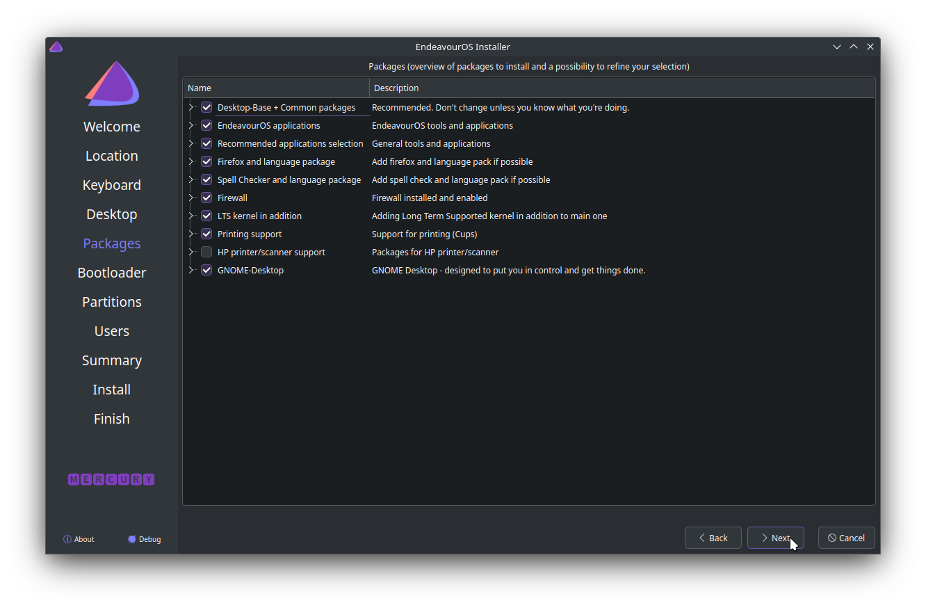 Linux Installation - Select components